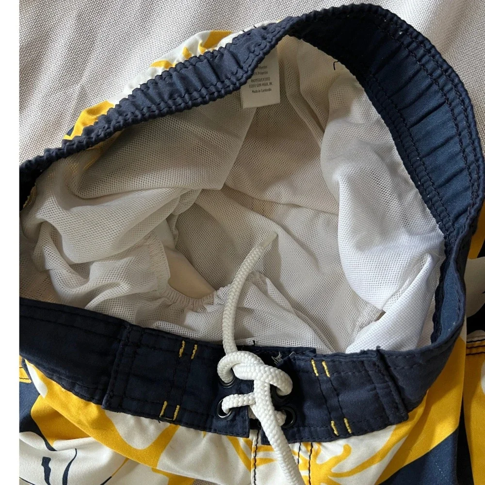Gymboree Swim Trunks Size 7 Yellow Navy Blue Excellent Hibiscus Striped Cargo